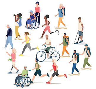 A large group of people who are diverse in ethnicity, age, sex, and disability types. They are engaged in different activities. Some individuals are running while others are walking. Others are using wheelchairs, canes, prosthetic devices and bicycles. Everyone is moving towards the same direction.