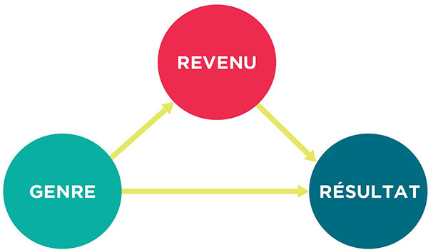 Trois cercles placés en forme de triangle. En bas à gauche, un cercle turquoise indique « genre ». Au sommet, un cercle rouge indique « revenu ». En bas à droite, un cercle bleu foncé indique « résultat ». Des flèches jaunes vont de « sexe » à « revenu » et à « résultat ». Une flèche jaune s'étend également de « revenu » à « résultat ».