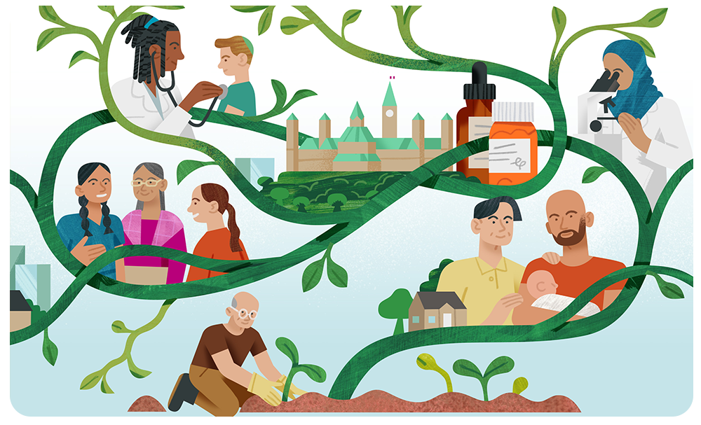 A man tends to a vine, which grows upward to show a diverse group of individuals engaged in daily life, healthcare, science and learning activities.