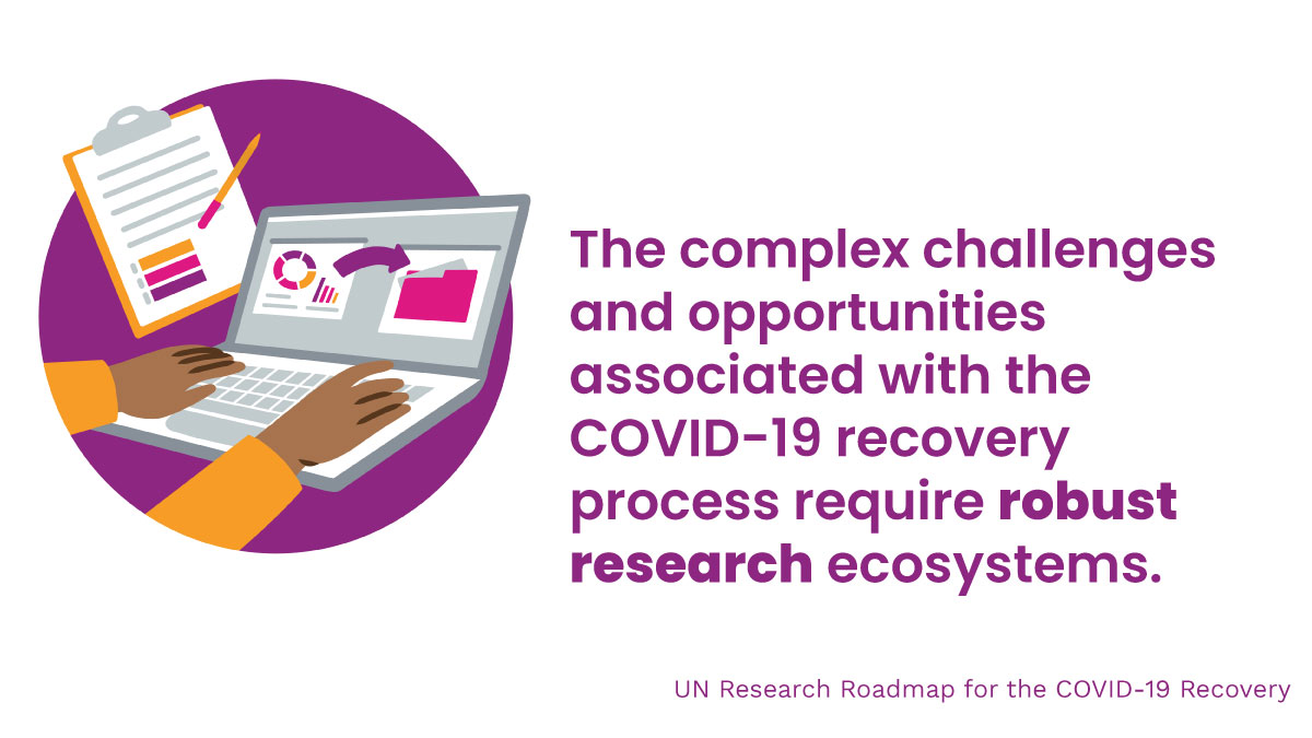 The complex challenges and opportunities associated with the COVID-19 recovery process require robust research ecosystems. UN Research Roadmap for the COVID-19 Recovery