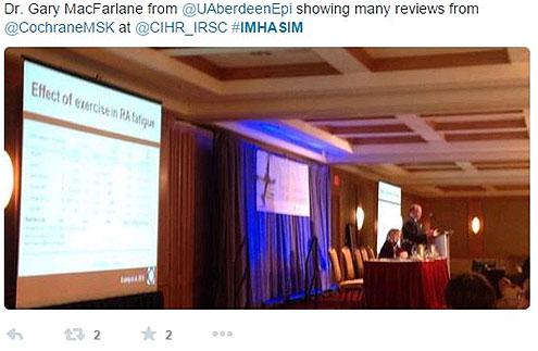 Dr. Gary MacFarlane [sic] from @UAberdeenEpi showing many reviews from @CochraneMSK at @CIHR_IRSC #IMHASIM.